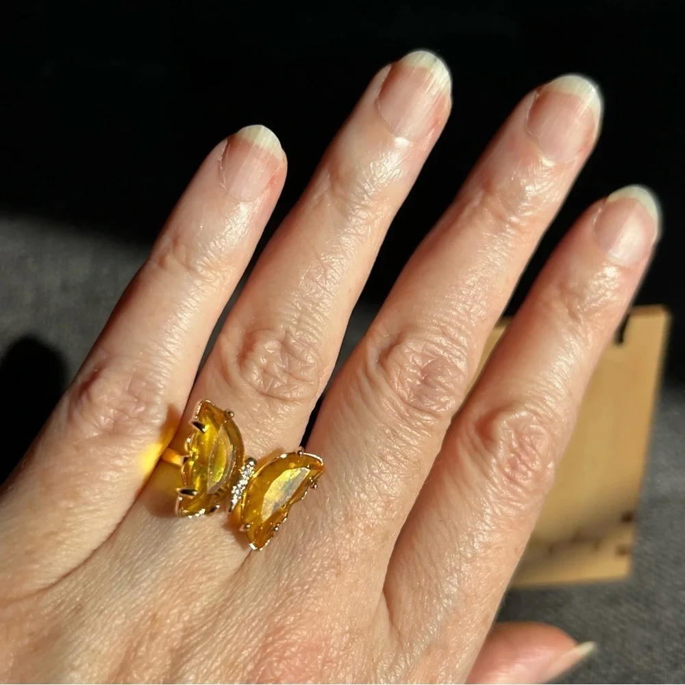 Pretty YELLOW Butterfly Gemstone Fashion Ring, Gold, Adjustable